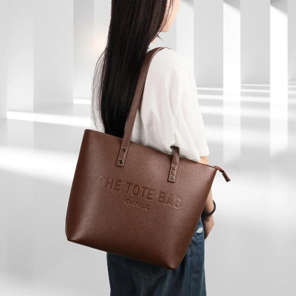 Women's Coffee-Grained PU Leather Sophisticated Elegant Retro Style Tote Bag
